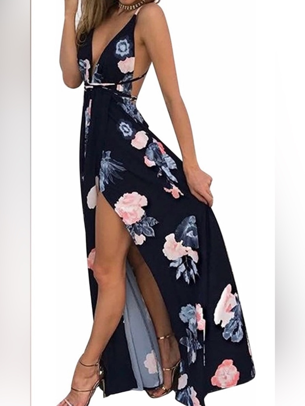Simplee Apparel Navy Maxi Dress with Pink and Light Blue Floral Print